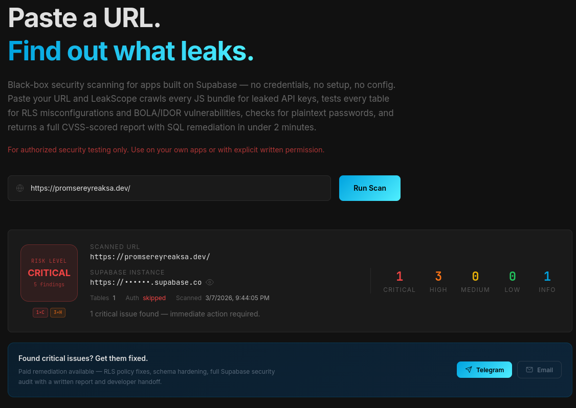 LeakScope — Supabase Security Auditor - Screenshot 5 showing product features and functionality