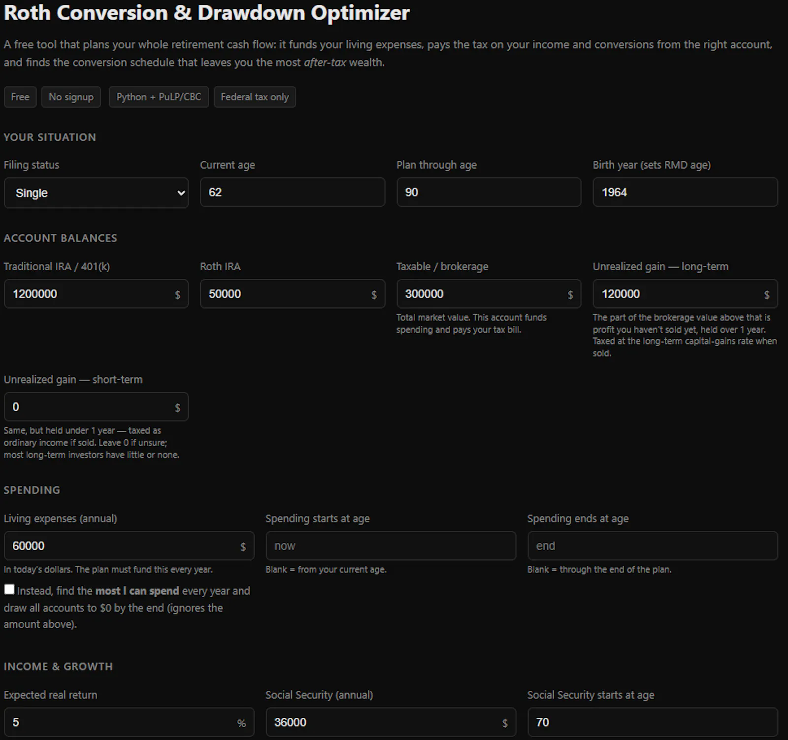 Roth Conversion Calculator screenshot 2