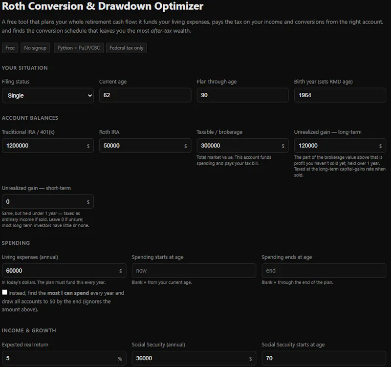 Roth Conversion Calculator screenshot 2