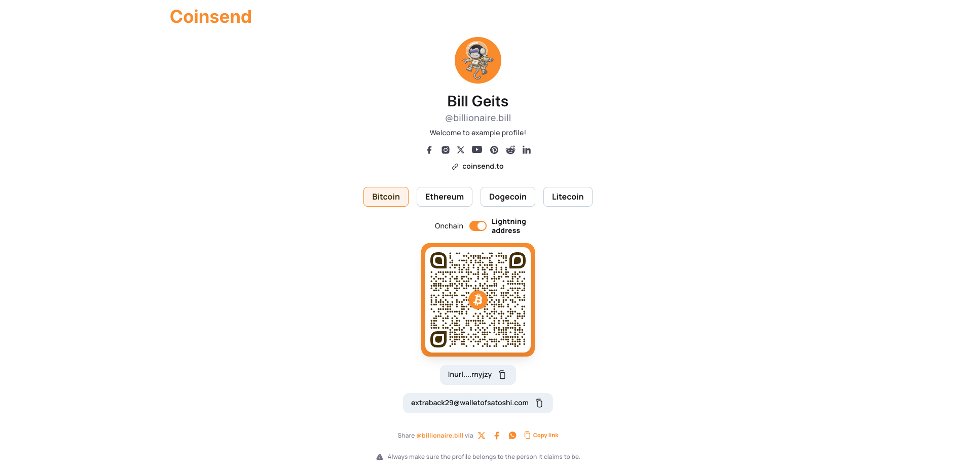 Coinsend.to - Trasforma i tuoi indirizzi crittografici in un profilo condivisibile. media 1
