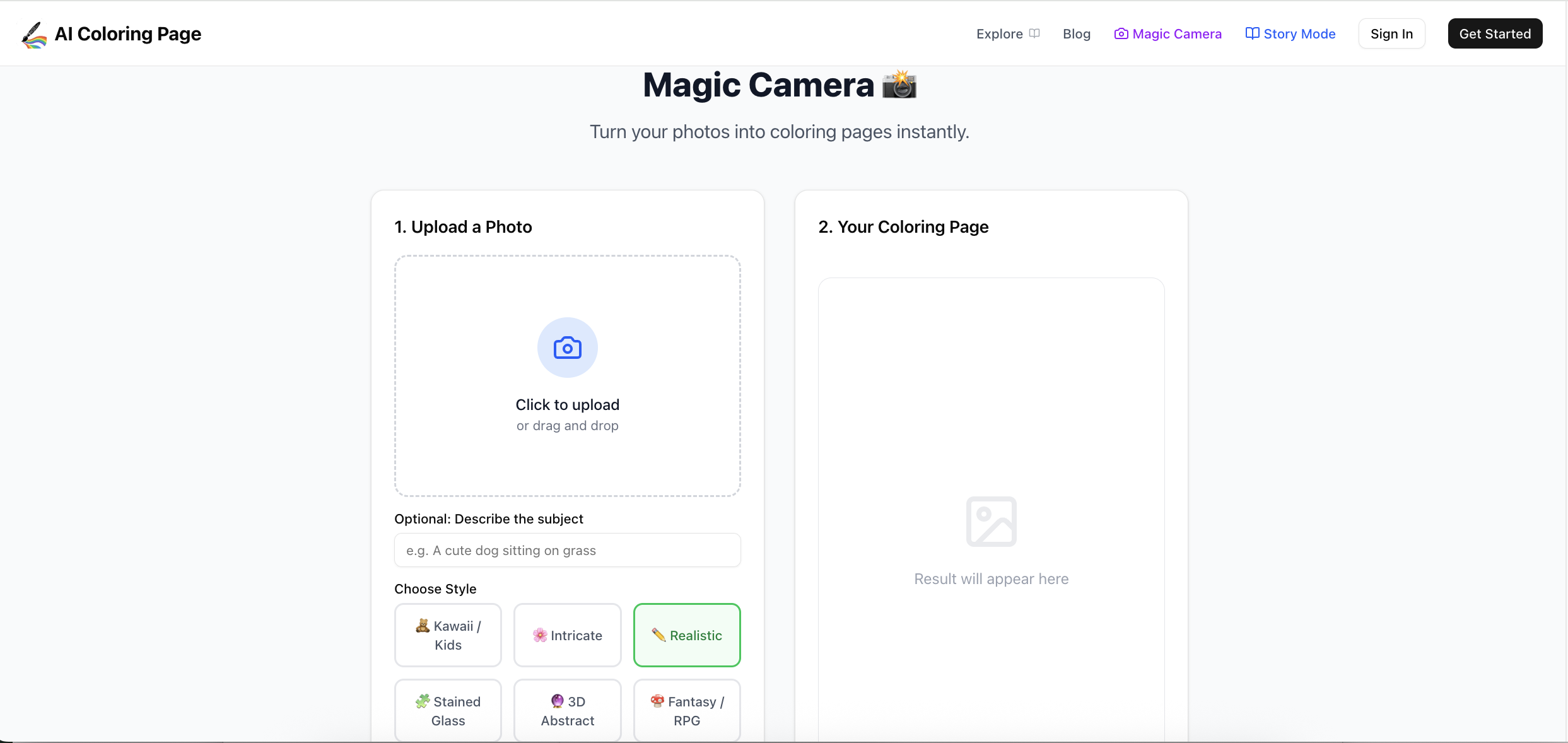 Magic Camera by AI Coloring Page - Screenshot 2 showing product features and functionality