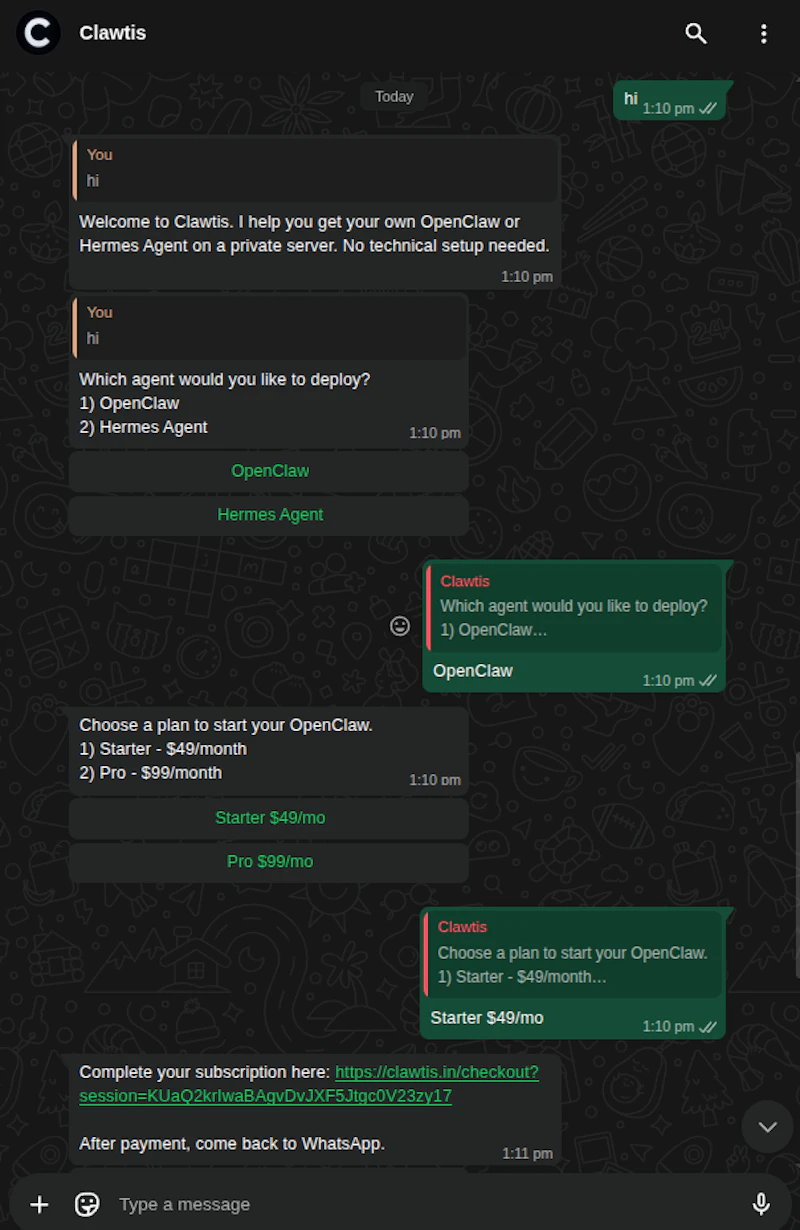Clawtis - private AI agent from WhatsApp screenshot 2