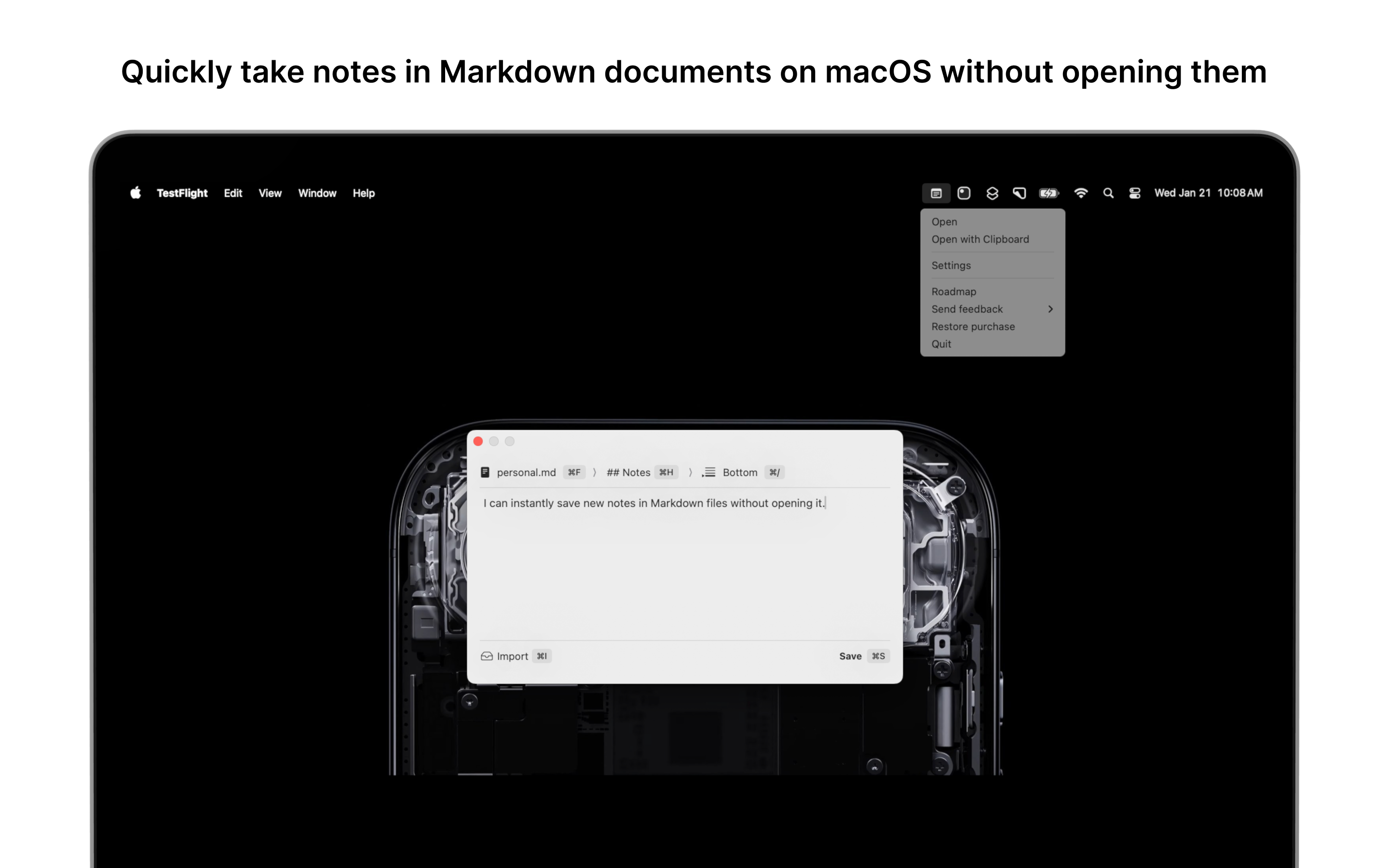 Instant Markdown notes - Main product screenshot demonstrating key features and user interface