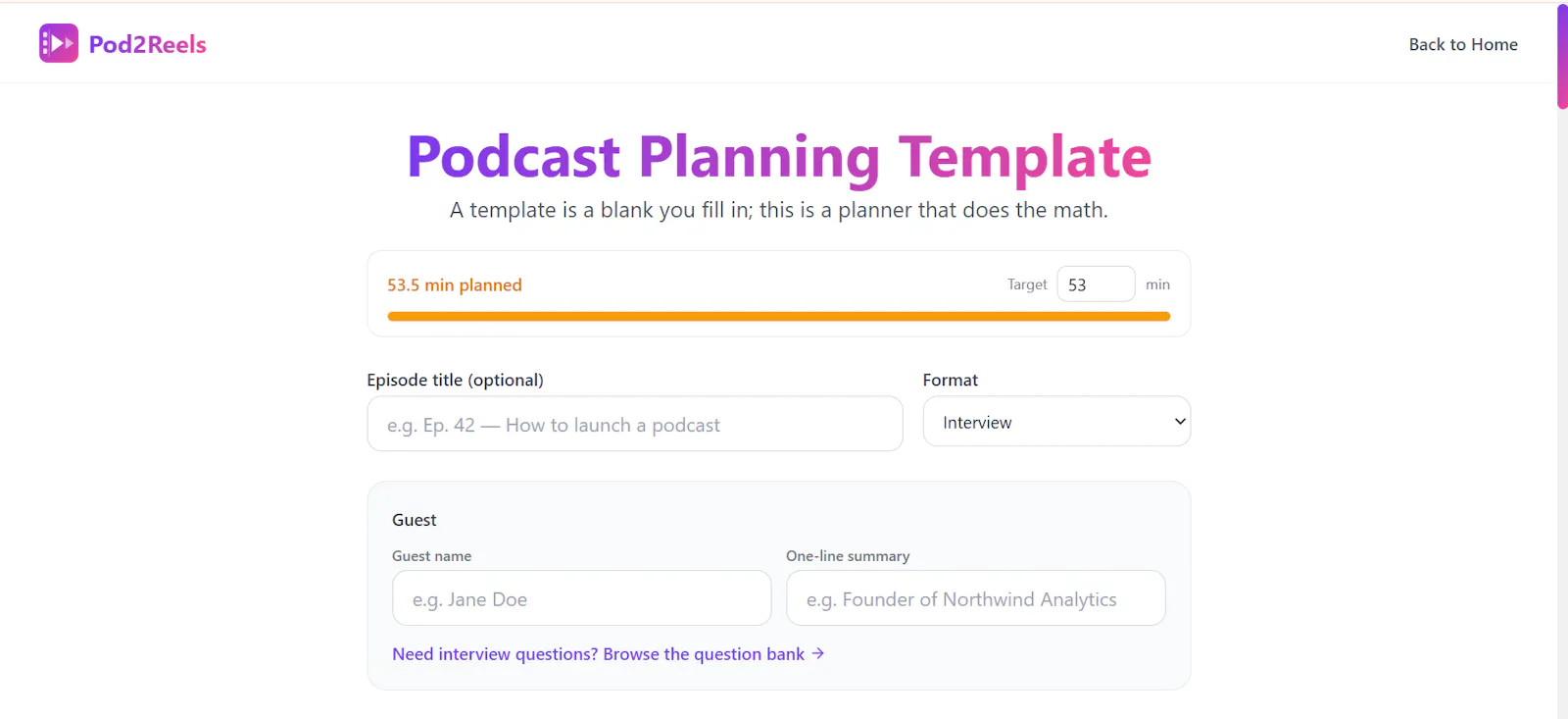 Podcast planning template screenshot 1