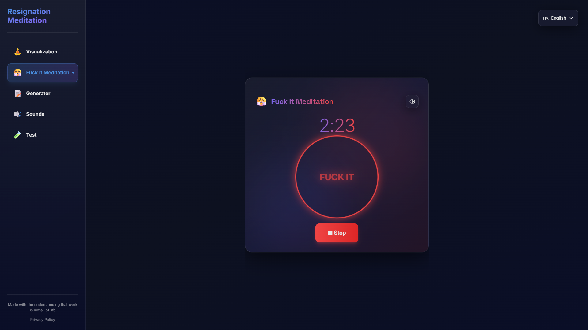 Resignation Meditation - Main screenshot showing features and interface