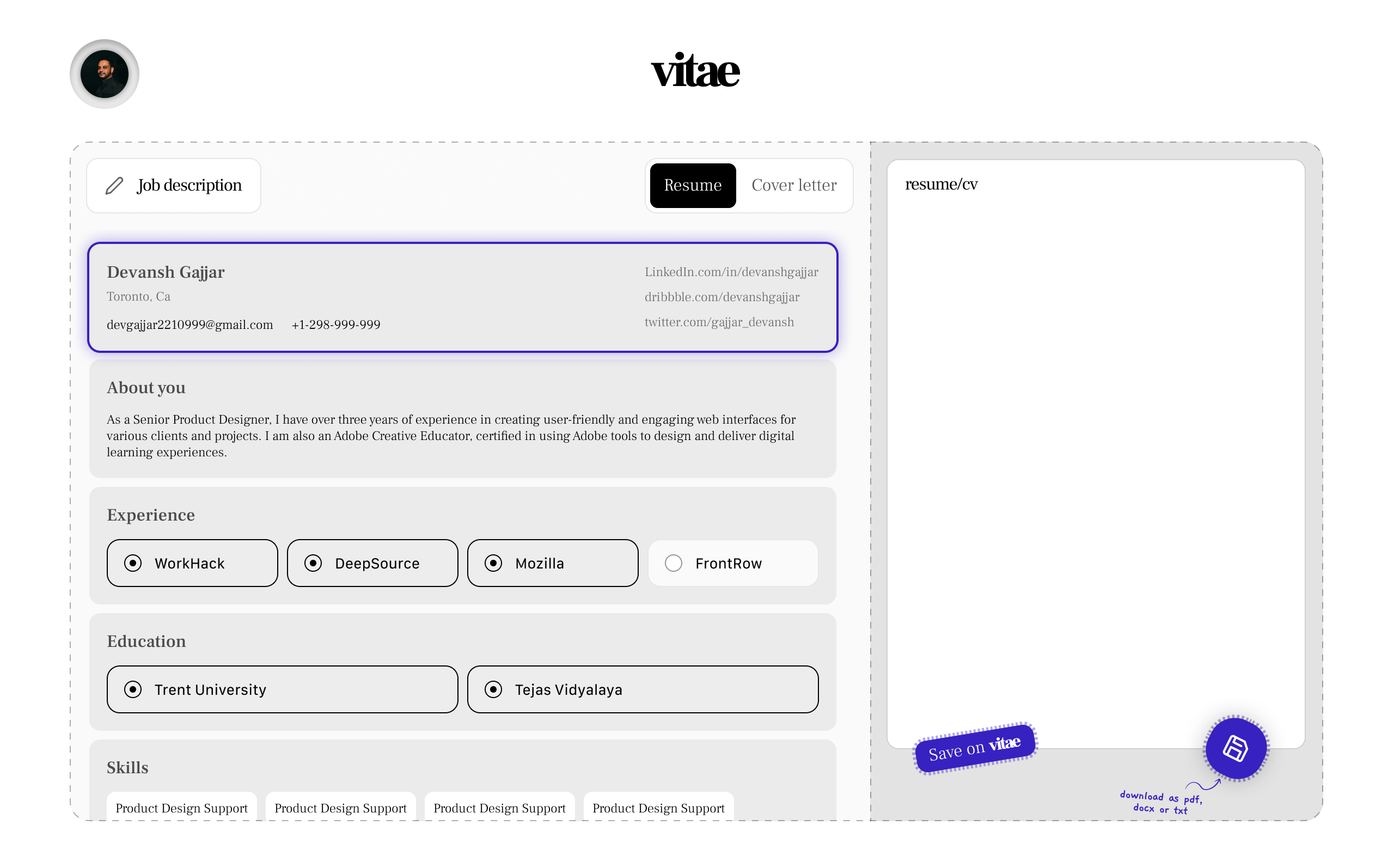 vitae - Let's you create resume and cover letter using AI