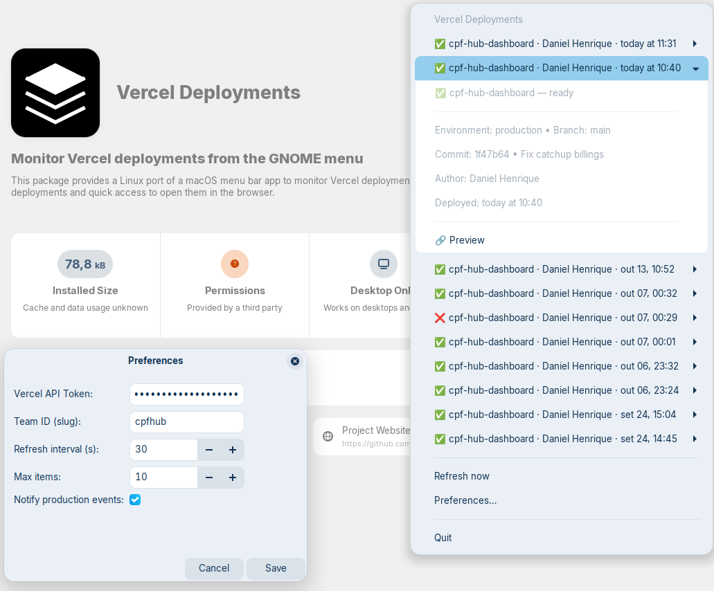 Vercel Deployments Menu App (Linux) gallery image