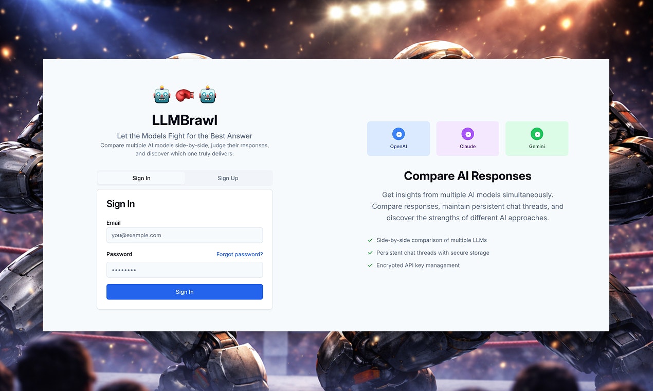 LLMBrawl - Main product screenshot demonstrating key features and user interface