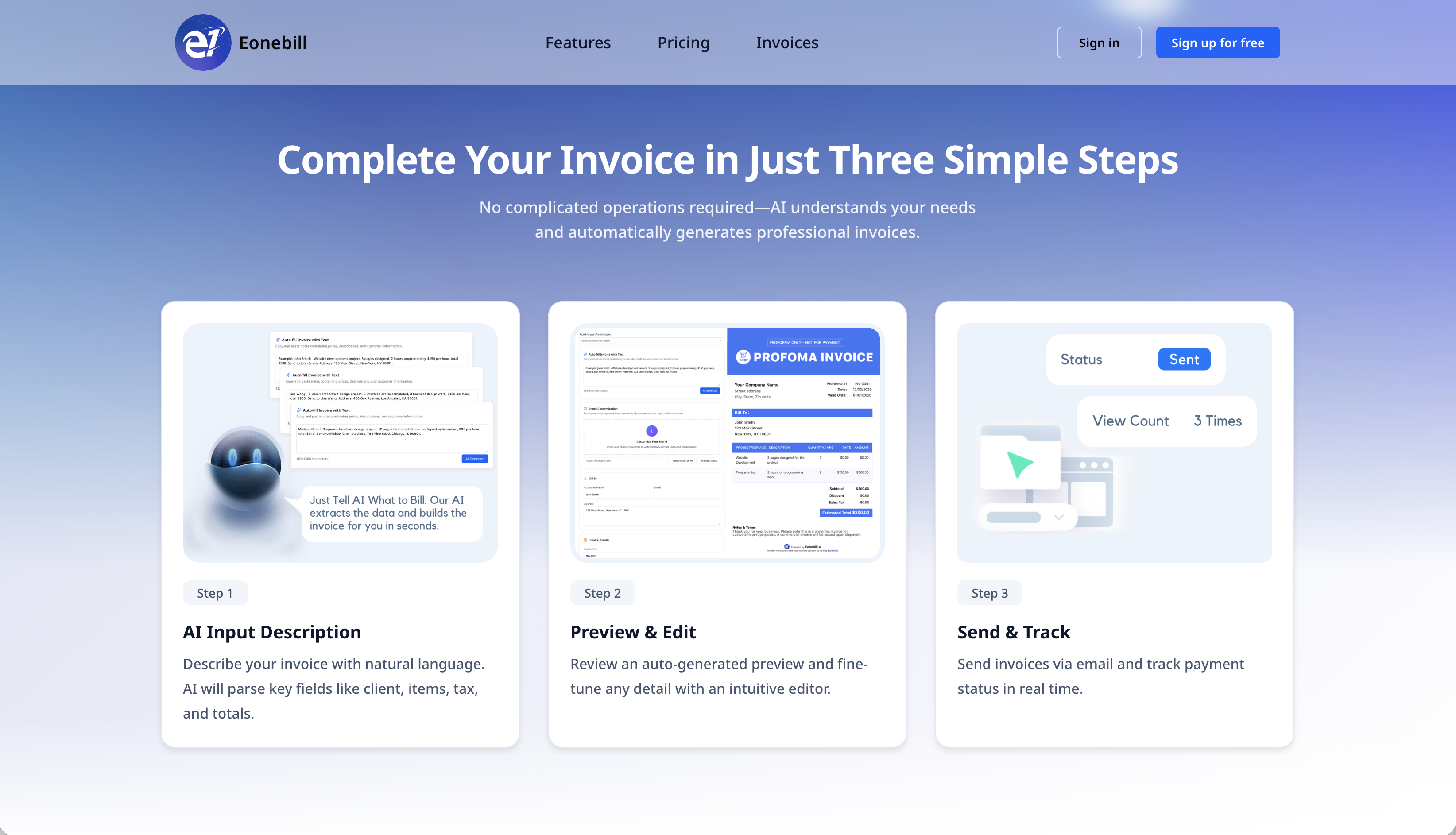 Eonebill-Just Describe and Bill - Main product screenshot demonstrating key features and user interface