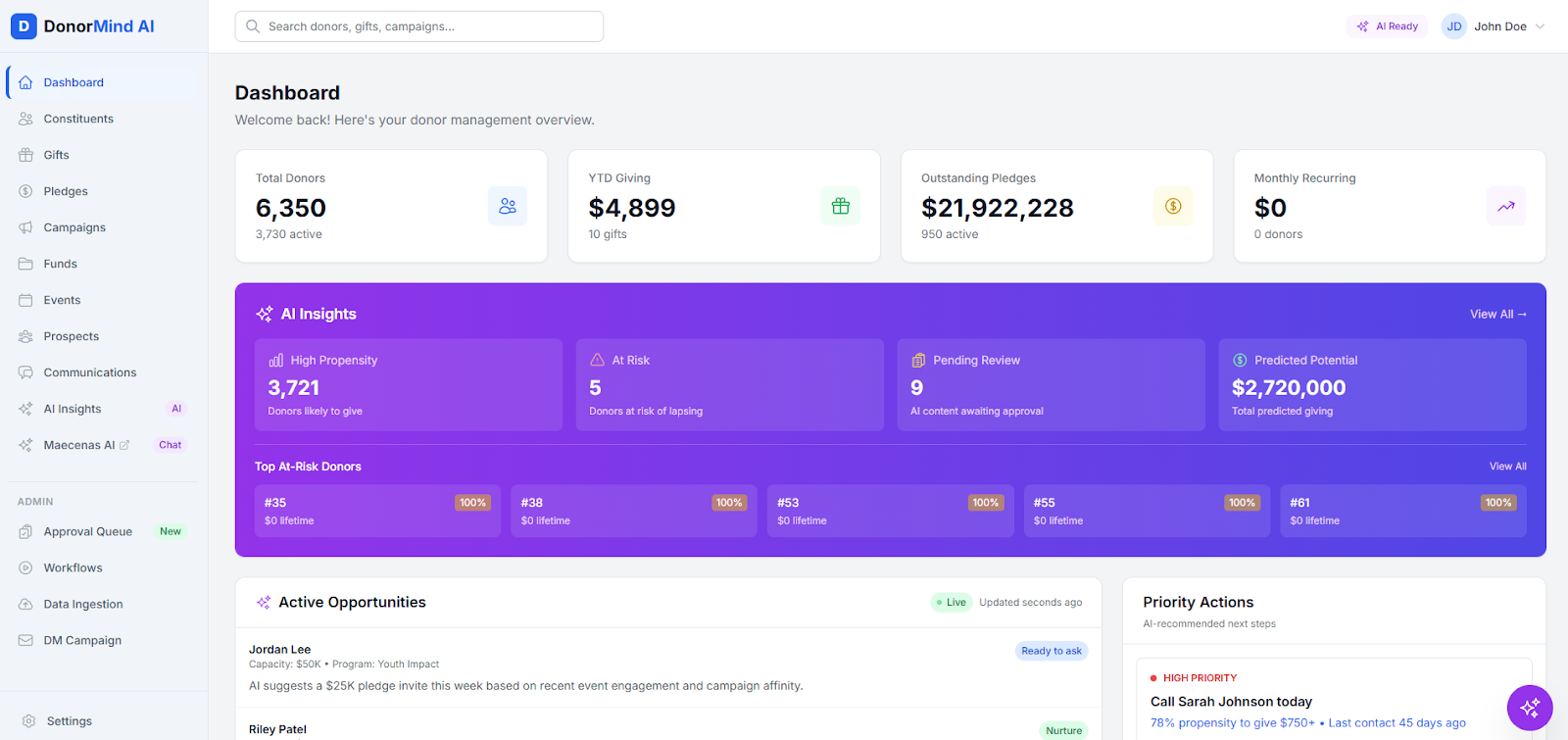 Donormind AI - Main product screenshot demonstrating key features and user interface
