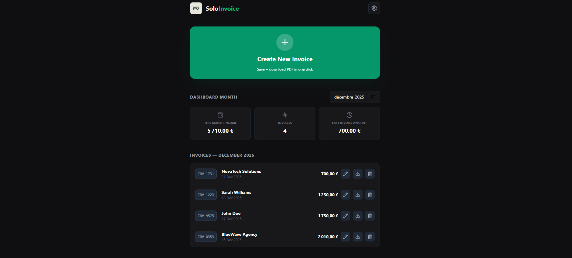 SoloInvoice - Main product screenshot demonstrating key features and user interface