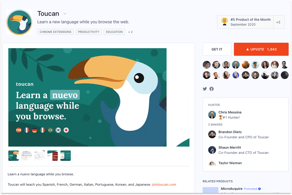 Toucan's Product Hunt launch (September 2020)