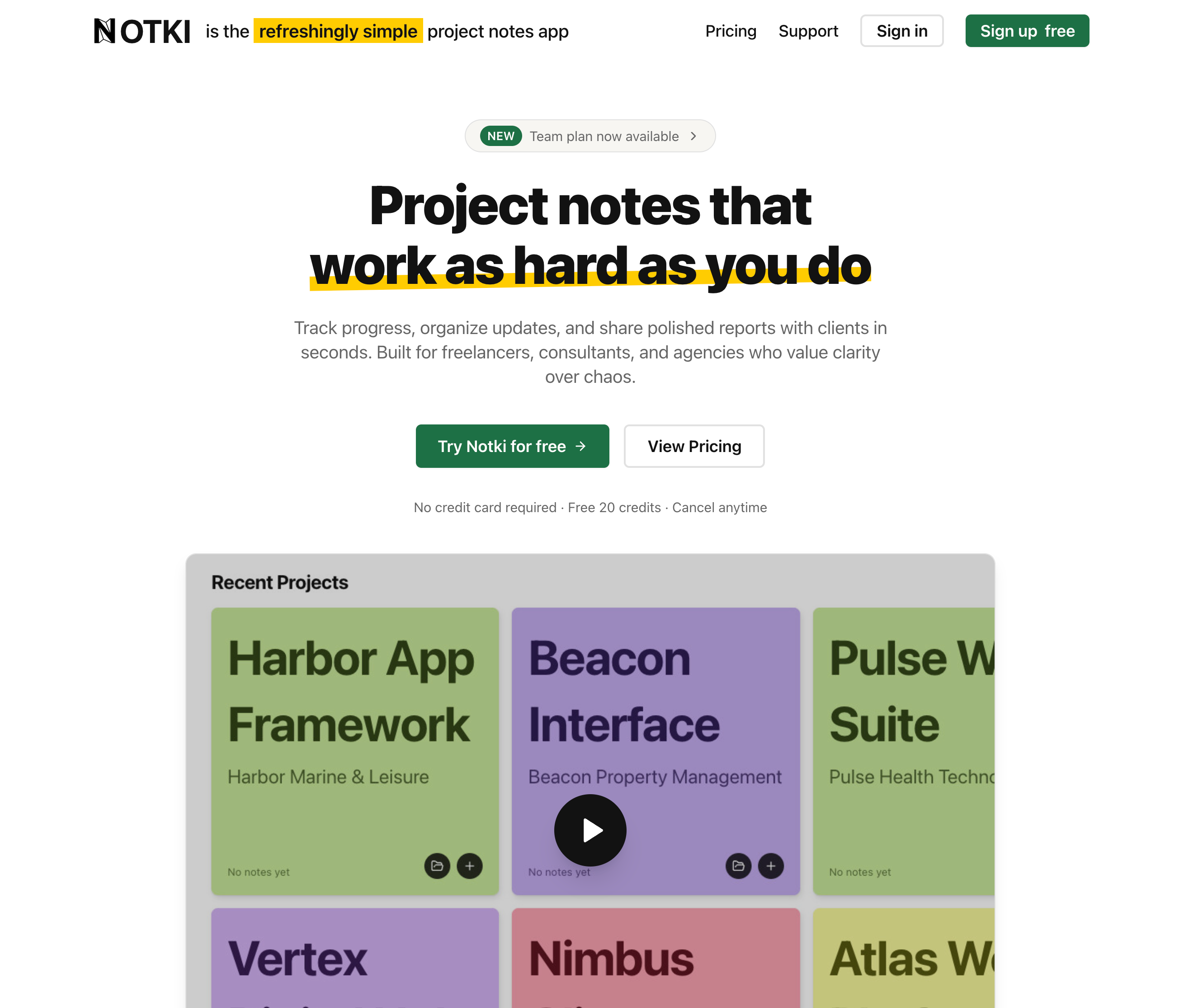 NOTKI, project notes app. - Main product screenshot demonstrating key features and user interface