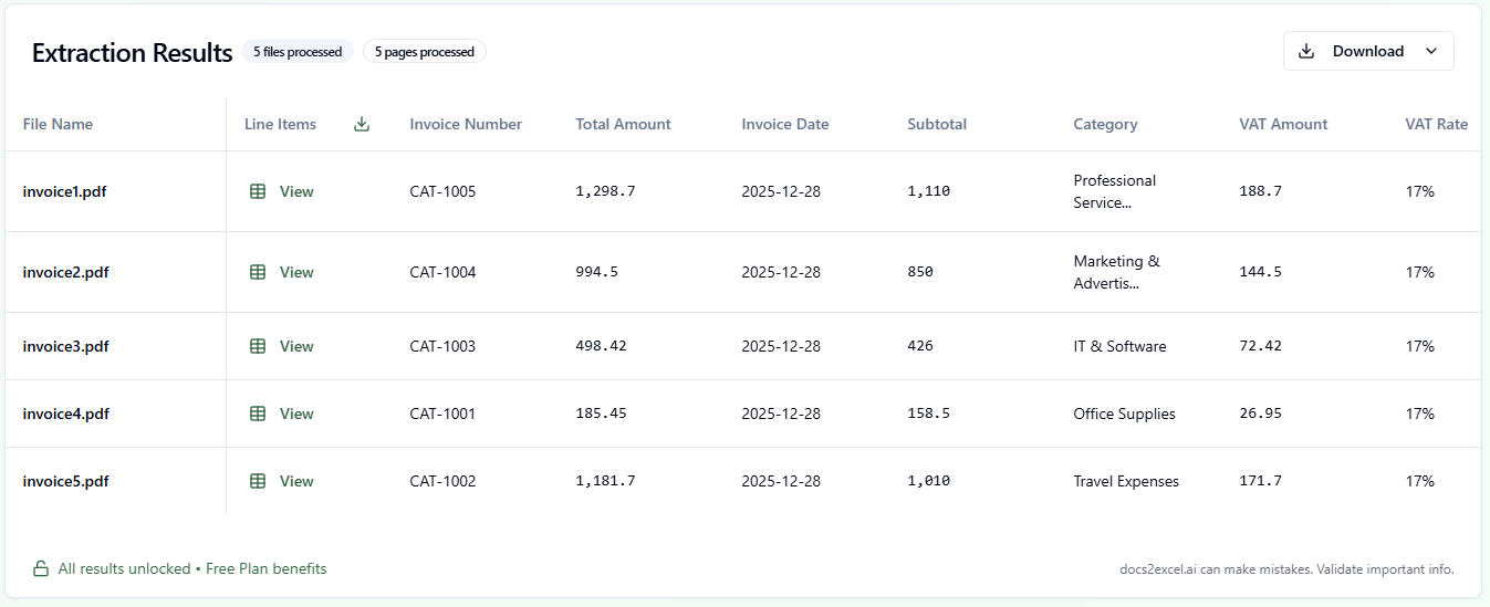 docs2excel.ai - Main product screenshot demonstrating key features and user interface