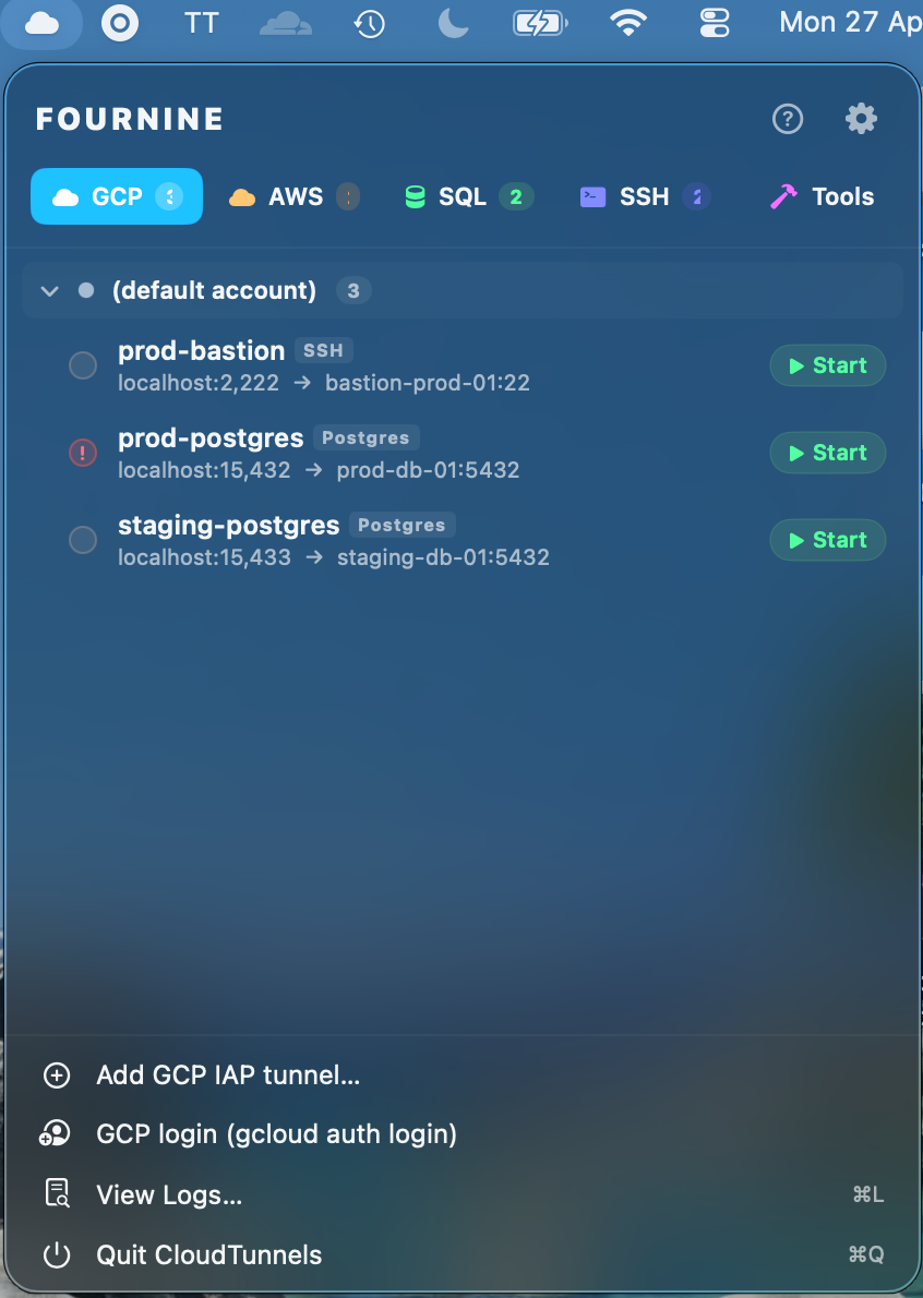 CloudTunnels-One menu bar. Every tunnel.