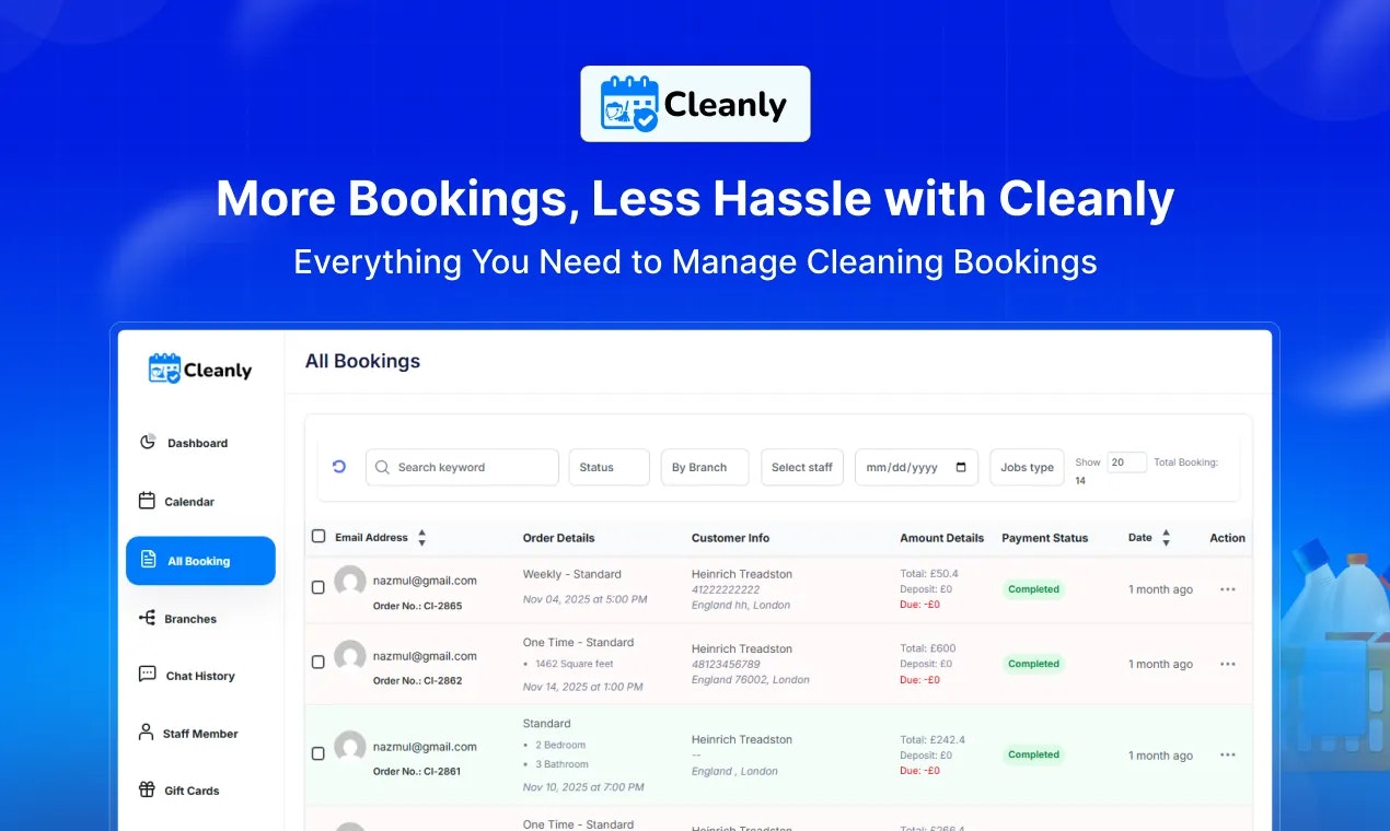Cleanly – WP Cleaning Booking Software - Main product screenshot demonstrating key features and user interface
