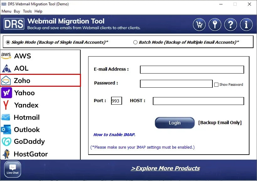 Zoho Mail Backup & Migration Tool - Main product screenshot demonstrating key features and user interface