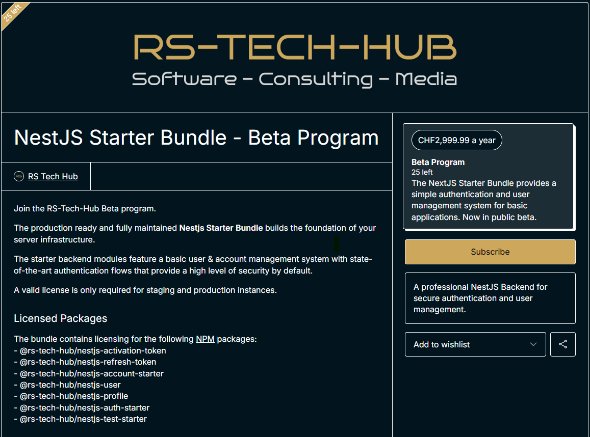 RS Tech Hub - NestJS Starter Bundle Beta - Screenshot 4 showing product features and functionality