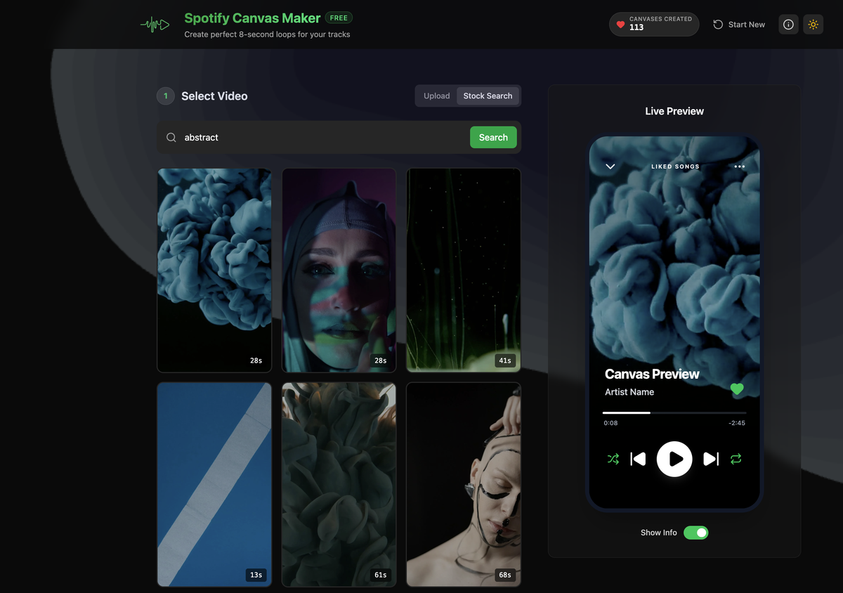 Spotify Canvas Maker - Main product screenshot demonstrating key features and user interface