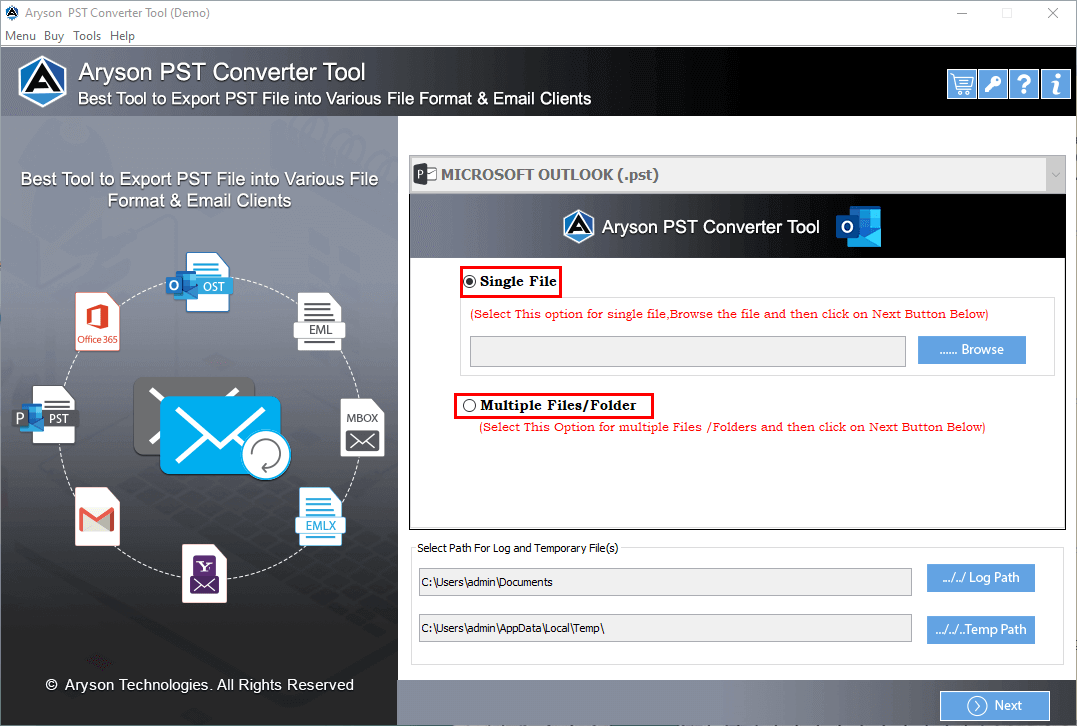 Convertitore di file PST Aryson media 2